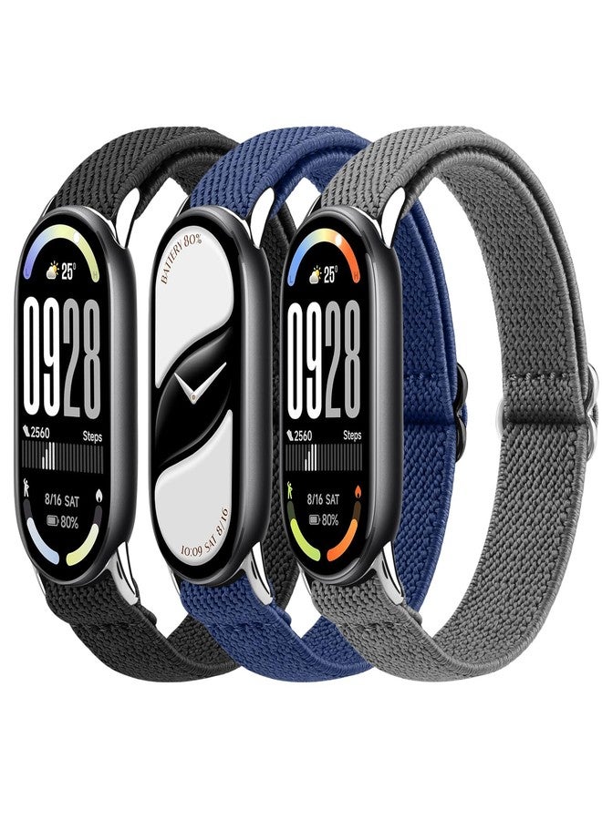 Meliya Elastic Bands Compatible with Xiaomi Smart Band 10/9/8 for Women Men, Adjustable Soft Stretch Nylon Sport Replacement Wristband for Xiaomi Mi Band 10/9 / 8 (Black+Navy Blue+Gray) - Image 1