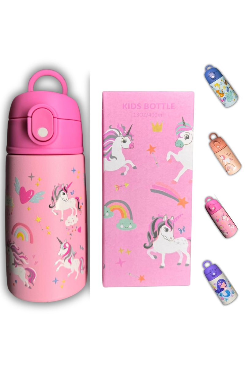 سبرينترز زجاجة ماء للأطفال بشكل يونيكورن – 400 مل ترمس ستانلس ستيل مع مصاصة – معزولة حرارياً، مانعة للتسرب، خالية من مادة BPA – زجاجة لطيفة قابلة لإعادة الاستخدام للمدرسة والسفر ووجبة الغداء - Image 1