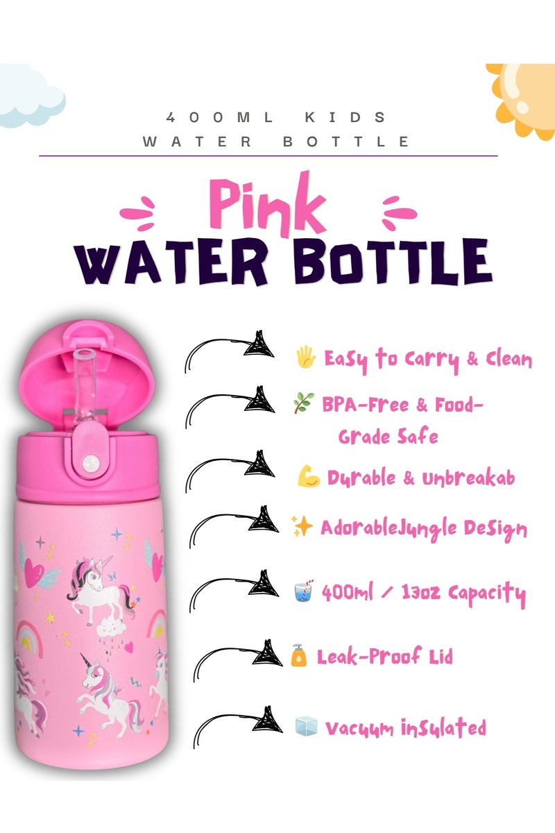 سبرينترز زجاجة ماء للأطفال بشكل يونيكورن – 400 مل ترمس ستانلس ستيل مع مصاصة – معزولة حرارياً، مانعة للتسرب، خالية من مادة BPA – زجاجة لطيفة قابلة لإعادة الاستخدام للمدرسة والسفر ووجبة الغداء - Image 2
