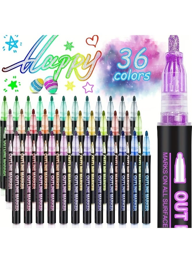 36-piece set of multicolour dual-line contour pens, suitable for students and artists for painting and creative work, usable on wood, canvas, stone, rock, and for DIY craft projects, making them an excellent gift for children - Image 1