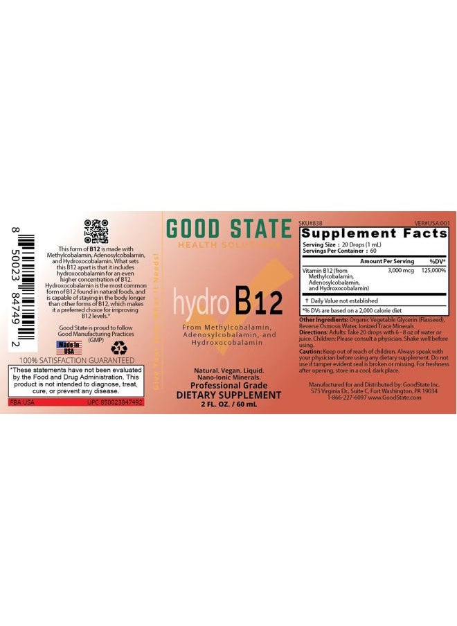 Good State Liquid Hydro B12 | 2oz | 3,000 mcg per 1 mL | 60 Servings | from Methylcobalamin, Adenosylcobalamin, and Hydroxocobalamin | Vegan Friendly  - Image 4