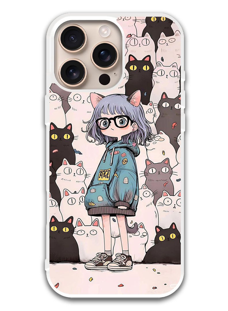 Theodor Protective Case Cover For APPLE IPHONE 16 Pro Max Cats & Girl (White Bumper) - Image 1