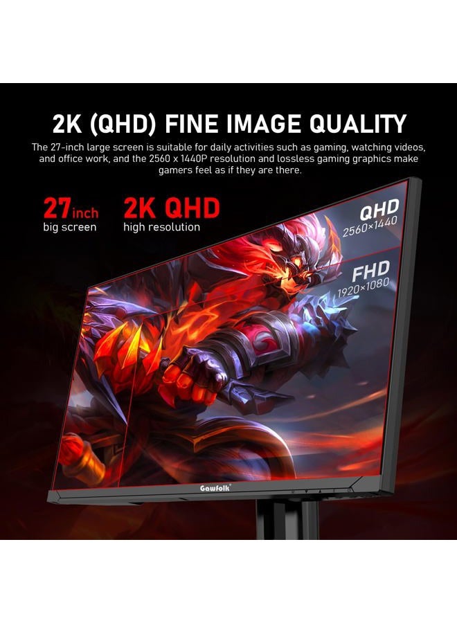 Gawfolk شاشة كمبيوتر 27 بوصة 2K QHD (2560×1440)، شاشة ألعاب 180Hz، 1ms بدون حواف، FreeSync، 100% sRGB، زاوية عرض واسعة 178°، HDMI2.0، DisplayPort، متوافقة مع تركيب الحائط 75 * 75MM - أسود - Image 3