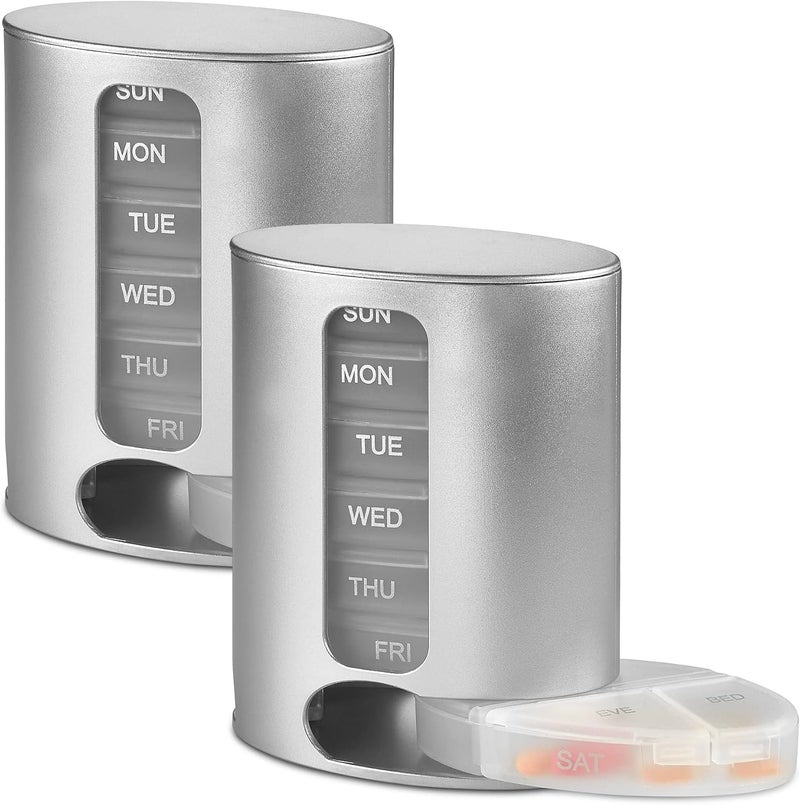 MEDca Stackable Daily Pill Organizers - (Pack of 2) Weekly Medication Reminder with 7 Individual Stacking Cases - AM/PM Pill Boxs with 4 Times a Day, a Everyday Medicine Organizer, Silver