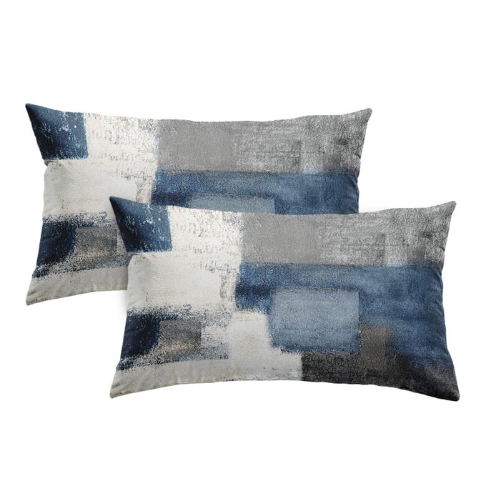 2PC Lumbar Decor Throw Pillow Covers Blue and Grey Cushions Rectangle Design Abstract Art Painting Style Modern Contemporary Home Decorative Cushion Pillow Cases 12 x 20 Pillowcases