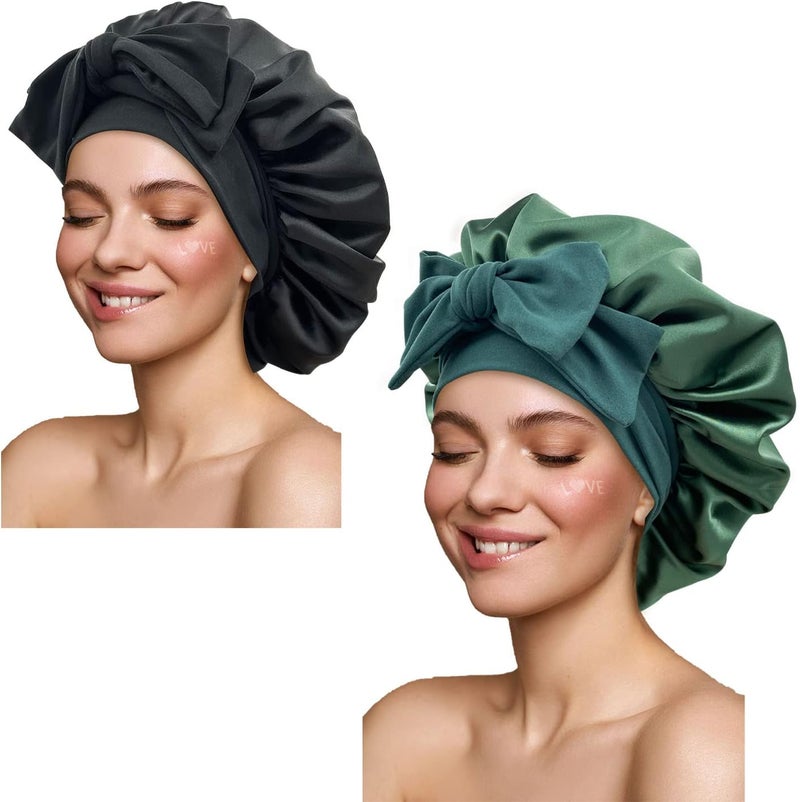 Gili Satin Bonnet Set - Black & Hunter Green - Image 1