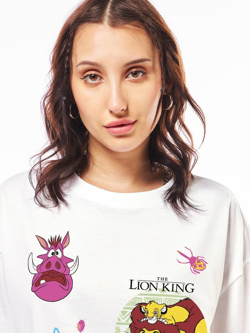 Bewakoof Official Disney Merchandise Lion King Women's Graphic Printed Oversized Fit Half Sleeve Round Neck Cotton T-Shirt_655175_White_L - Image 5