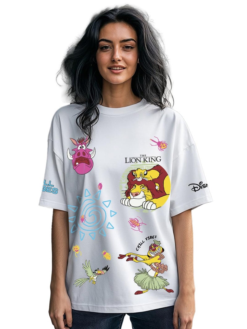 Bewakoof Official Disney Merchandise Lion King Women's Graphic Printed Oversized Fit Half Sleeve Round Neck Cotton T-Shirt_655175_White_L - Image 1