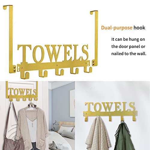 Kuhome Over The Door Hooks, Towel Holder for Bathroom, Door Mount Towel Rack Towel Hooks for Bedroom Kitchen Pool Beach Towels Bathrobe Wall Mount Hang On The Door Cabinet Cupboard Metal Sandblasted (Gold) - Image 2