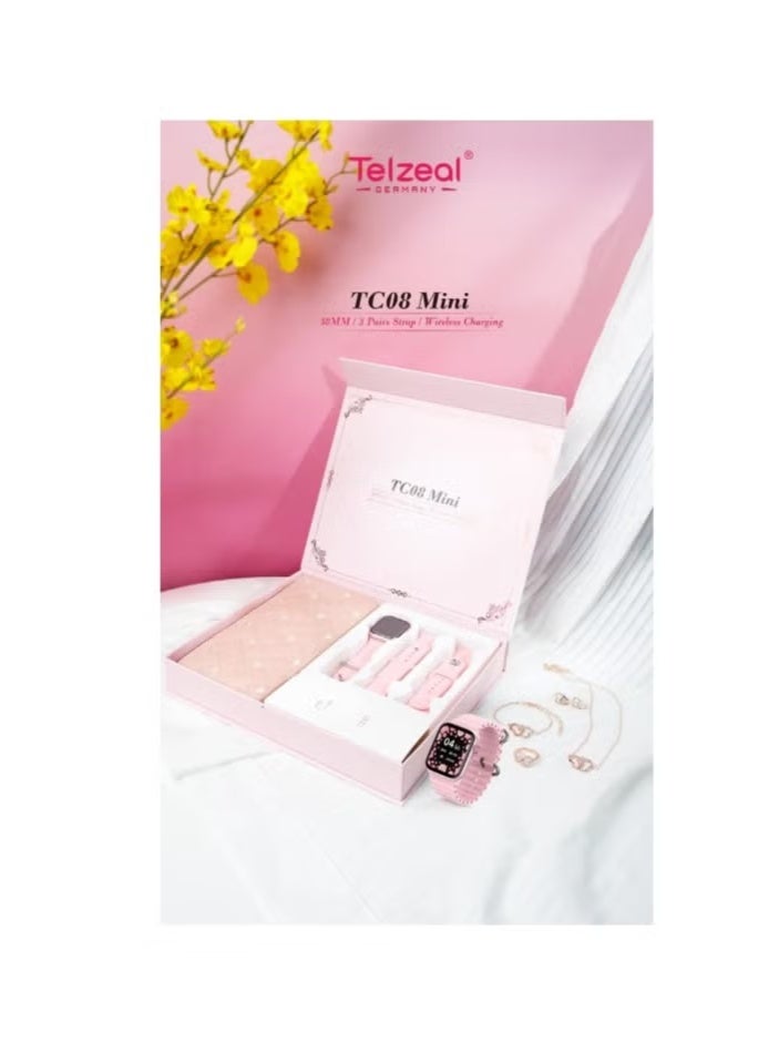 Telzeal TC 08 Mini Smart Watch for Ladies in Pink – Includes 3 Pair Interchangeable Straps, Elegant Handbag, Matching Earrings, Ring & Necklace Chain – Stylish Digital Watch Gift Set Perfect for Birthdays, Eid & Daily Use – Trendy and Feminine  - Image 2