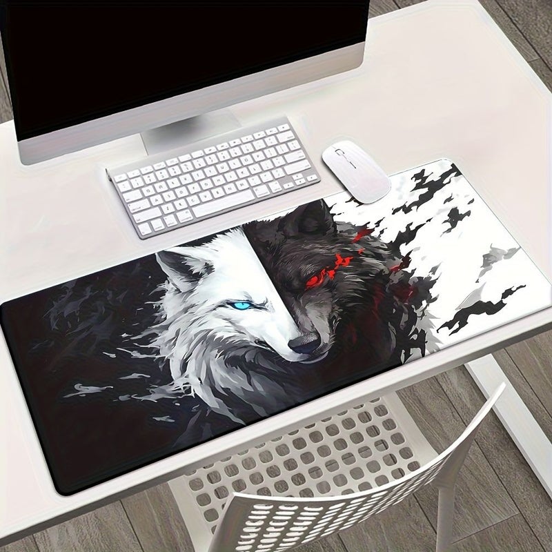 وسادة فأرة بتصميم ذئب أسود وأبيض مقاس 11.8 × 31.5 بوصة بقاعدة مطاطية غير قابلة للانزلاق - Image 1