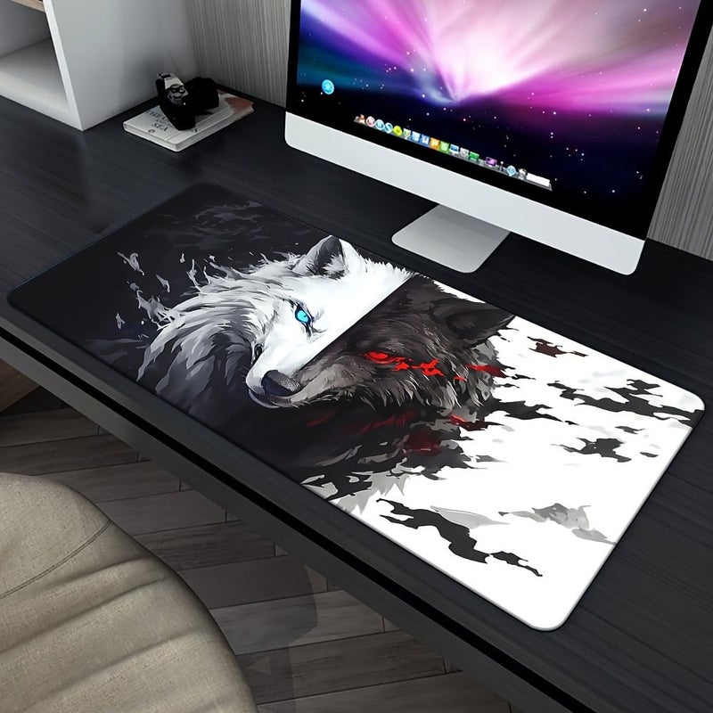 وسادة فأرة بتصميم ذئب أسود وأبيض مقاس 11.8 × 31.5 بوصة بقاعدة مطاطية غير قابلة للانزلاق - Image 3
