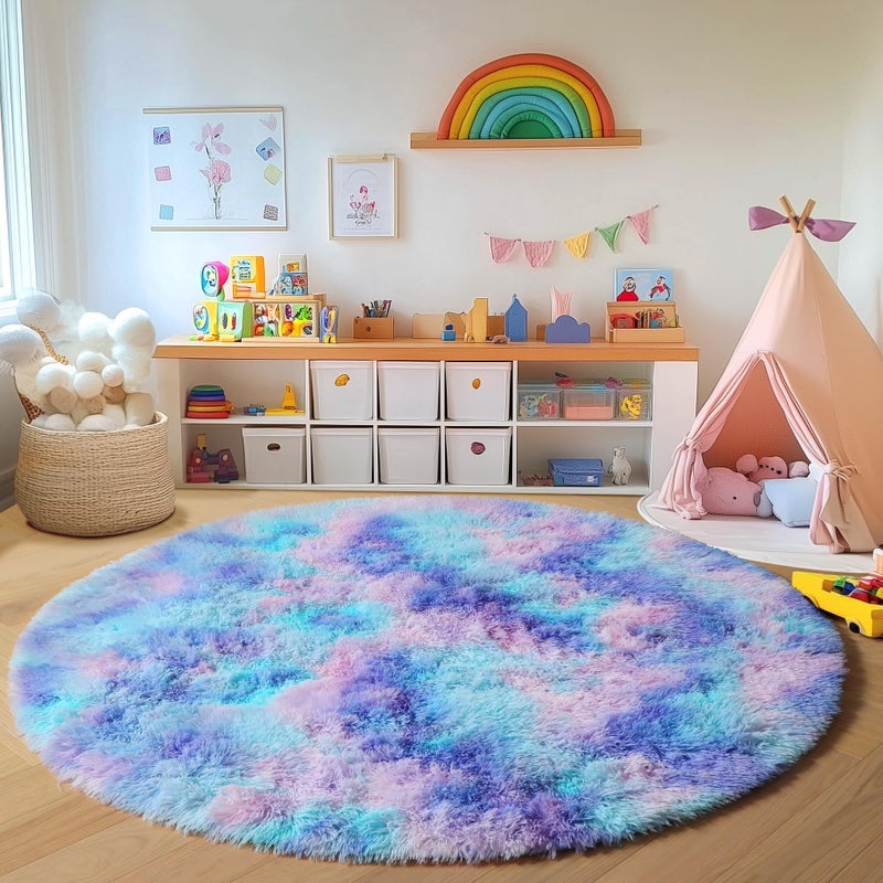 ONASAR Rainbow Round Area Rug 4ft, Soft Bedroom Circle Throw Rugs for Kids Girls Boys Teen Dorm Room, Fluffy Plush Shaggy Carpet Mats for Nursery Living Room Playroom Home Decor Princess Castle - Image 4