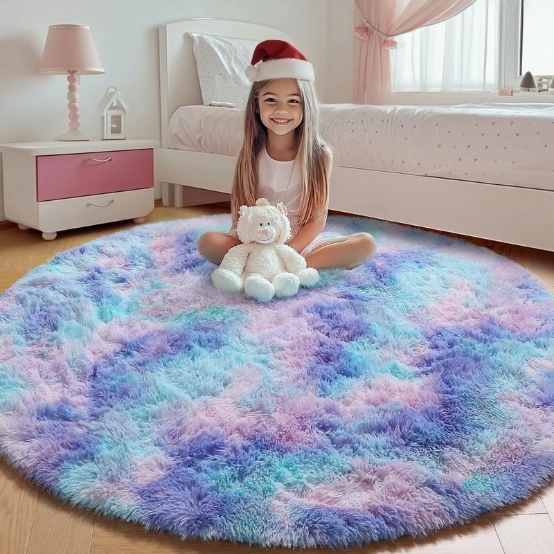 ONASAR Rainbow Round Area Rug 4ft, Soft Bedroom Circle Throw Rugs for Kids Girls Boys Teen Dorm Room, Fluffy Plush Shaggy Carpet Mats for Nursery Living Room Playroom Home Decor Princess Castle - Image 1