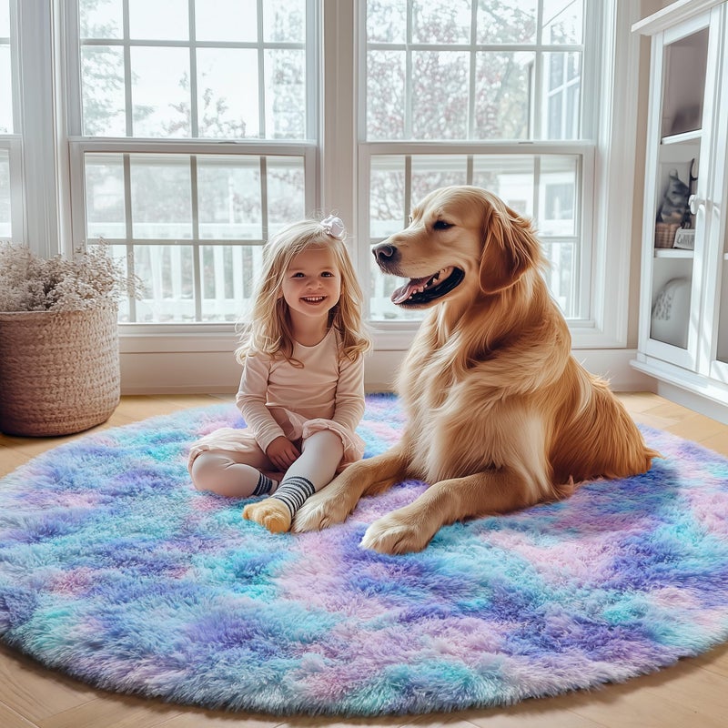 ONASAR Rainbow Round Area Rug 4ft, Soft Bedroom Circle Throw Rugs for Kids Girls Boys Teen Dorm Room, Fluffy Plush Shaggy Carpet Mats for Nursery Living Room Playroom Home Decor Princess Castle - Image 5