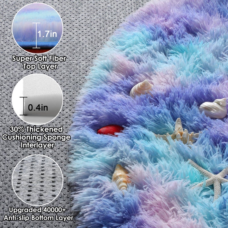 ONASAR Rainbow Round Area Rug 4ft, Soft Bedroom Circle Throw Rugs for Kids Girls Boys Teen Dorm Room, Fluffy Plush Shaggy Carpet Mats for Nursery Living Room Playroom Home Decor Princess Castle - Image 2