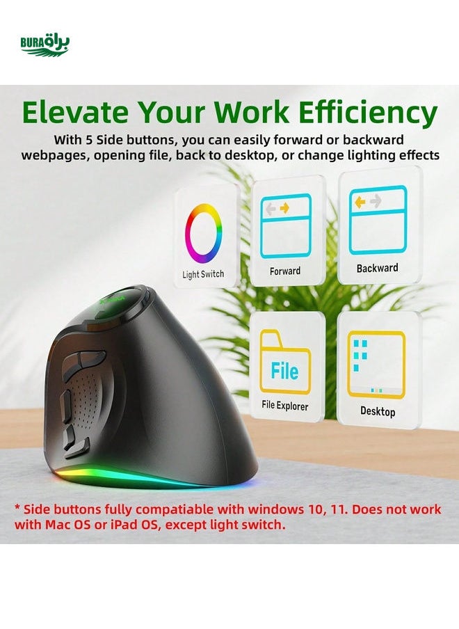 BURAQ - JOMAA JOMAA Ergonomic Vertical Wireless Mouse 4000 DPI 2.4G Dual Modes Rechargeable Wireless Mouse 9 Buttons RGB Backlit Wireless Silent Mouse For PC/Desktop/Laptop(Black) - Image 1
