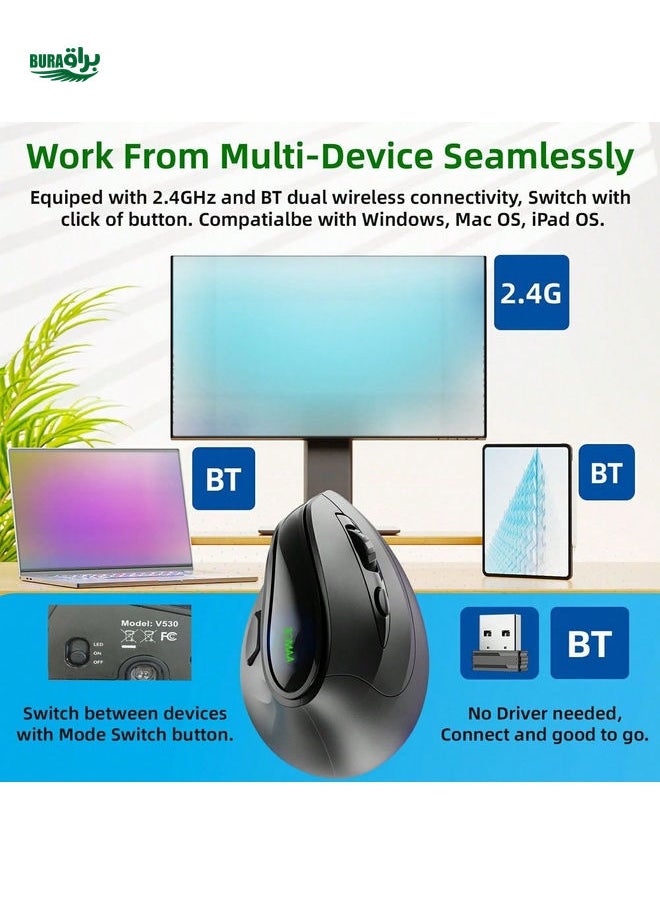 BURAQ - JOMAA JOMAA Ergonomic Vertical Wireless Mouse 4000 DPI 2.4G Dual Modes Rechargeable Wireless Mouse 9 Buttons RGB Backlit Wireless Silent Mouse For PC/Desktop/Laptop(Black) - Image 1