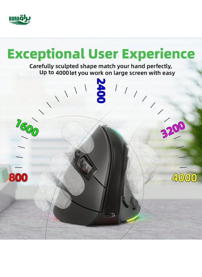 BURAQ - JOMAA JOMAA Ergonomic Vertical Wireless Mouse 4000 DPI 2.4G Dual Modes Rechargeable Wireless Mouse 9 Buttons RGB Backlit Wireless Silent Mouse For PC/Desktop/Laptop(Black) - Image 1