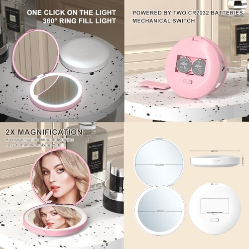 Vitalogy acrylonitrile butadiene styrene (abs) Mirror for Makeup - Magnifying Hand Mirror for Women, Girls with 2X 1x Zoom - Folding Pocket Double Makeup Mirror for Purse (Round with LED Light - Pink) - Image 2