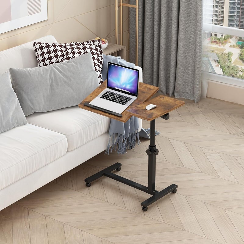 Overbed Bedside Desk Mobile Rolling Laptop Stand Tilting Overbed Table with Wheels Height Adjustable Tray Table for Laptop Bed Sofa Side Table (Rustic Brown)