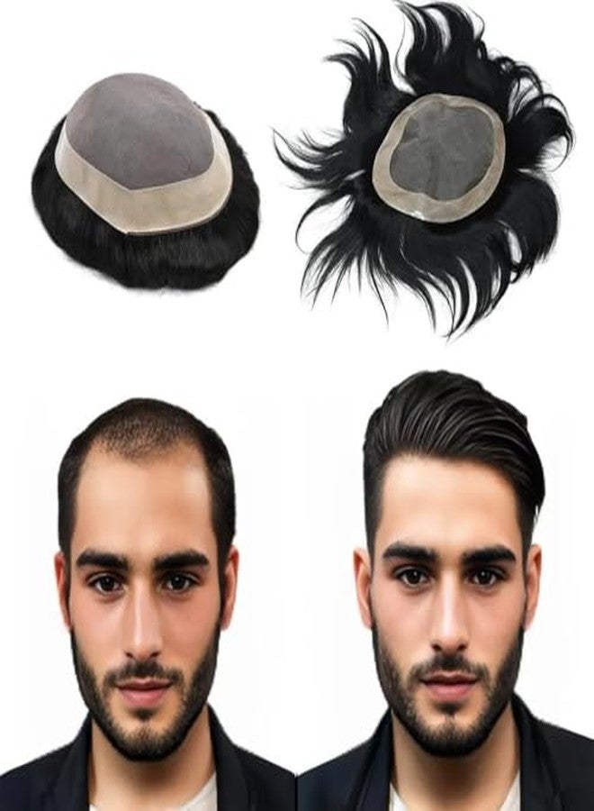 Pinaka Human Hair Men Wig Natural Human hair Patch FINE Regular Base with Half PU Strip for Get Feel Real Skin 100% Human Hair (9X7) - Image 2