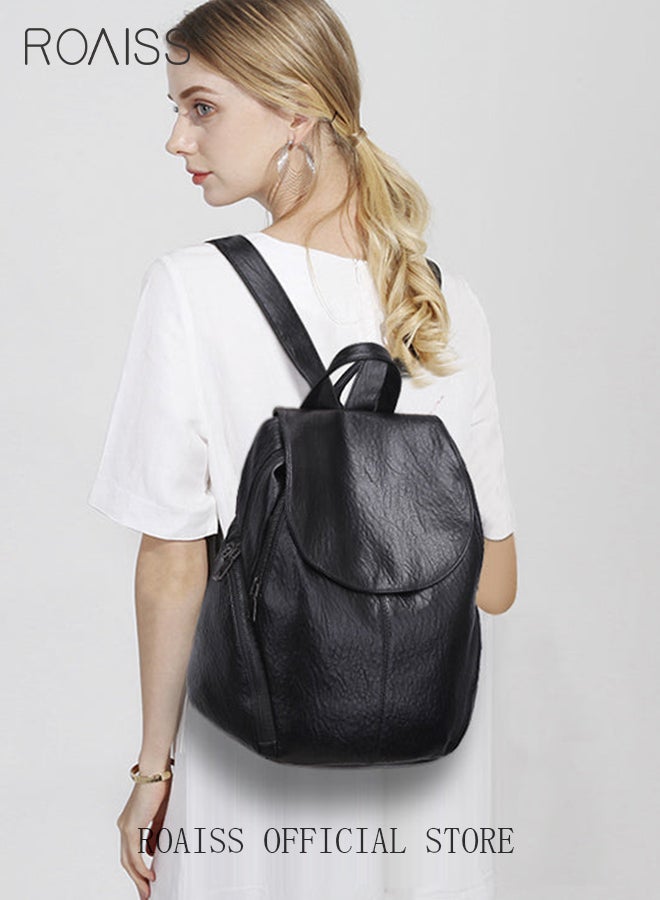 roaiss Multifunctional Flap PU Leather Backpack for Women Large Capacity Anti-Theft Travel Daypack for Students Mothers Vintage Simple Solid Color Double Shoulder Bags with Multi Pockets  - Image 2