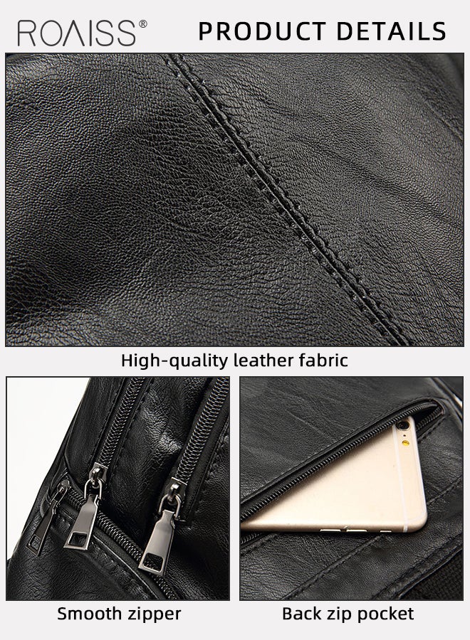 roaiss Multifunctional Flap PU Leather Backpack for Women Large Capacity Anti-Theft Travel Daypack for Students Mothers Vintage Simple Solid Color Double Shoulder Bags with Multi Pockets  - Image 5