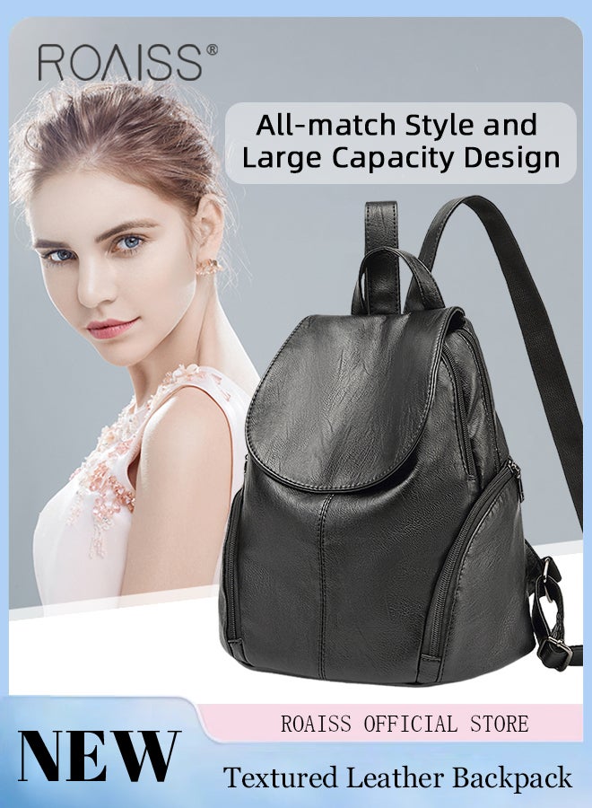 roaiss Multifunctional Flap PU Leather Backpack for Women Large Capacity Anti-Theft Travel Daypack for Students Mothers Vintage Simple Solid Color Double Shoulder Bags with Multi Pockets  - Image 1