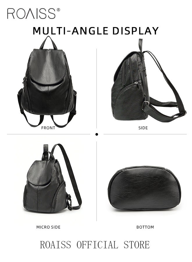 roaiss Multifunctional Flap PU Leather Backpack for Women Large Capacity Anti-Theft Travel Daypack for Students Mothers Vintage Simple Solid Color Double Shoulder Bags with Multi Pockets  - Image 4