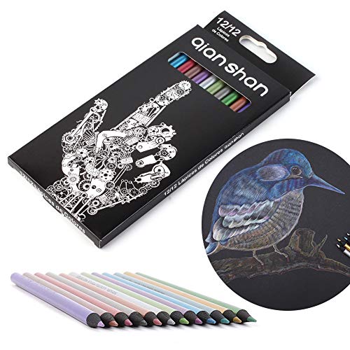 qianshan Metallic Colored Pencils 12 Colors - Non-toxic Black Wood Colored Pencils Pre-sharpened Wooden Sketching Pencils Set for Adults Coloring Book, Art Drawing, Black Paper, No Duplicates - Image 1