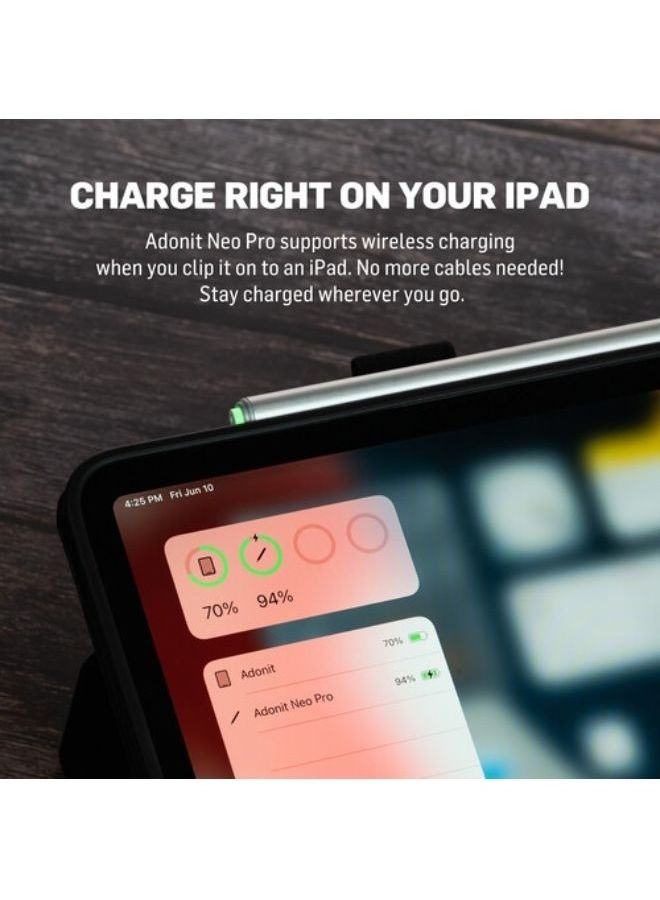 ADONIT Neo Pro Apple iPad Native Palm Rejection Stylus - Charges on the iPad via Magnetic Attachment - Silver Silver - Image 4