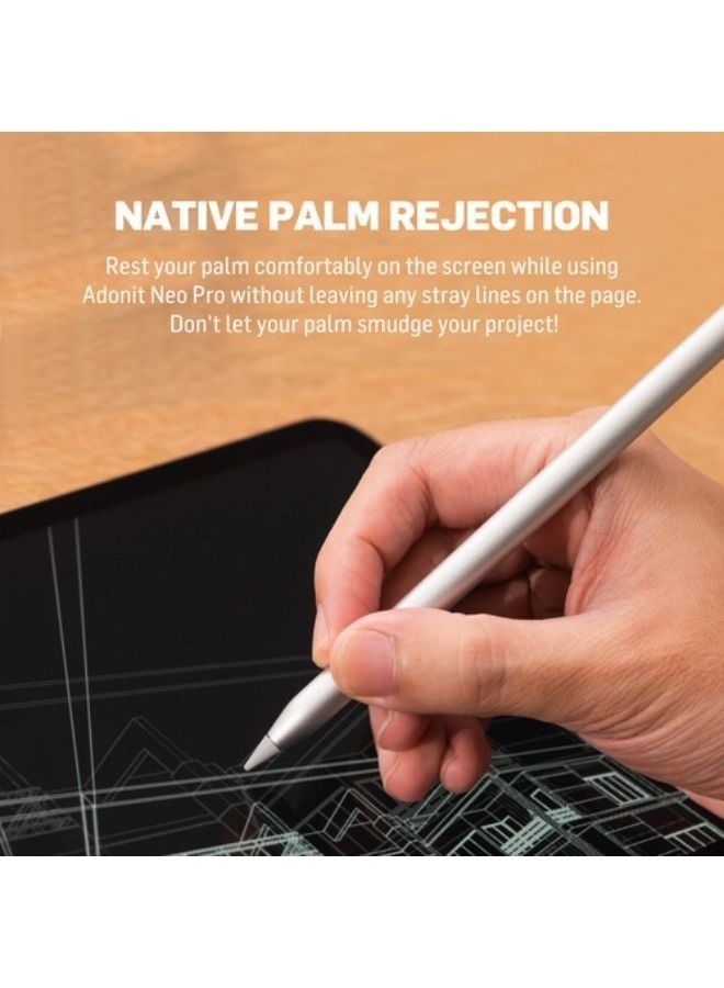 ADONIT Neo Pro Apple iPad Native Palm Rejection Stylus - Charges on the iPad via Magnetic Attachment - Silver Silver - Image 2
