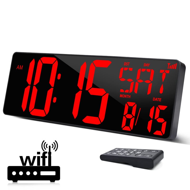 XREXS Large Digital Wall Clock WiFi Sync 165 in Large Display Wall Clock with TemperatureDateWeek LED Big Digital Timer Clock with Remote Control Alarm Clock for Home and Office Autodimming