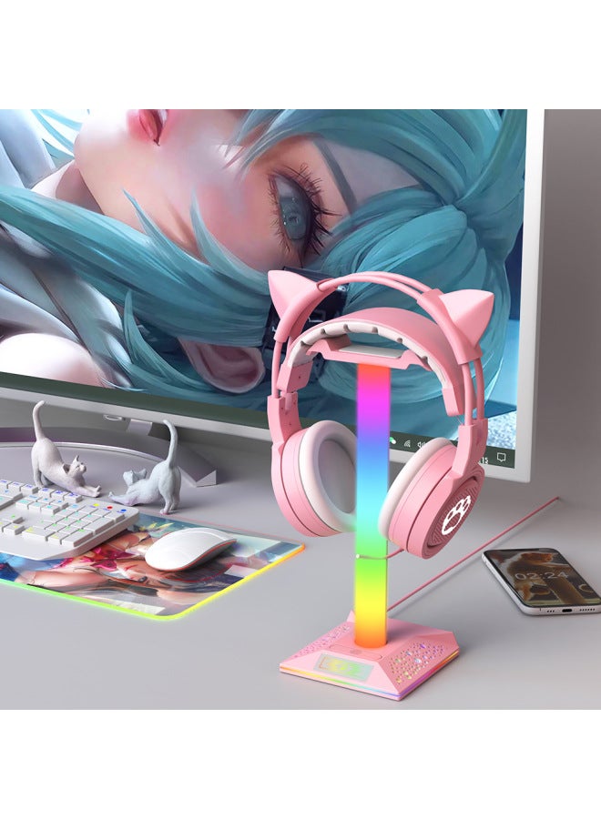 PIWIJOY RGB Illuminated Headset Stand EB05 Desktop Gaming Headphone Holder USB Hub Silicon Material For Headband Style Headphones-Color:Peach Gas Powder - Image 2
