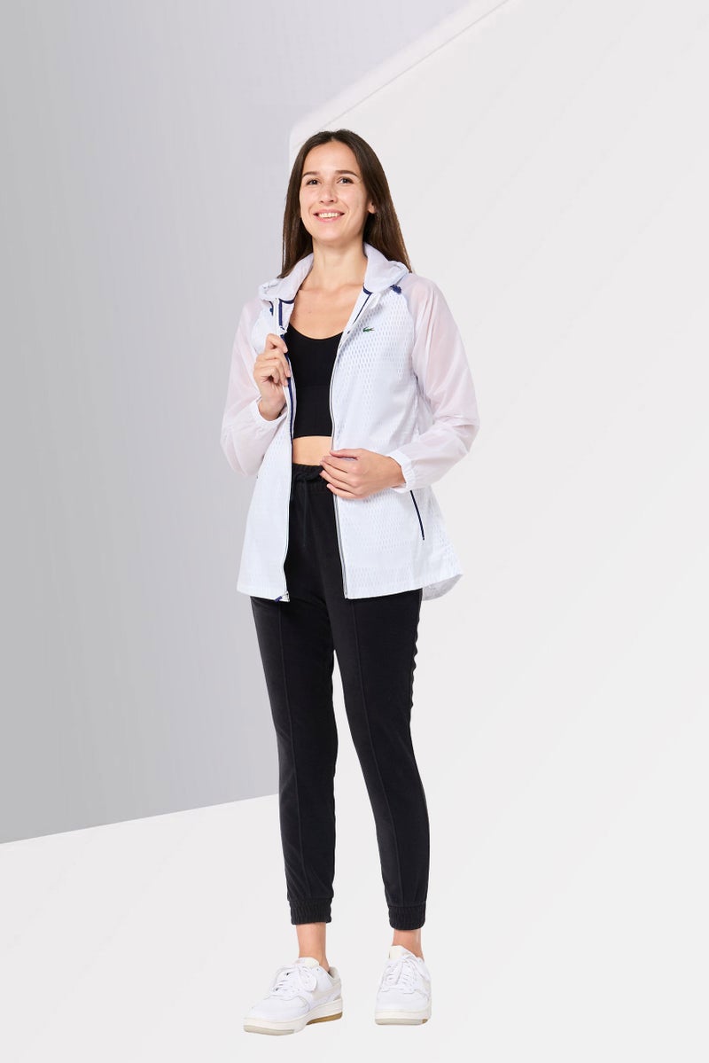 LACOSTE Women Hooded Brand Logo Long Sleeve Windbreaker Jacket, White - Image 2