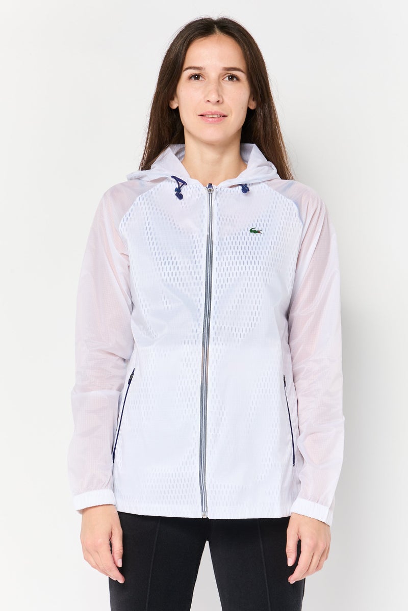 LACOSTE Women Hooded Brand Logo Long Sleeve Windbreaker Jacket, White - Image 1