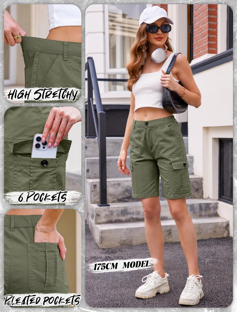 Eddoyee Bermuda Cargo Shorts for Women Casual Long Knee Length High Waisted Stretch Wide Leg Relaxed Fit(Army Green, Medium) - Image 4