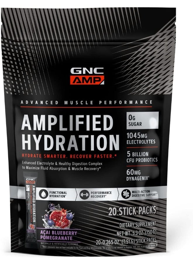 GNC AMP Amplified Hydration Enhanced Electrolyte And Healthy Digestion Complex Acai Blueberry Pomegranate 20 Count  - Image 1