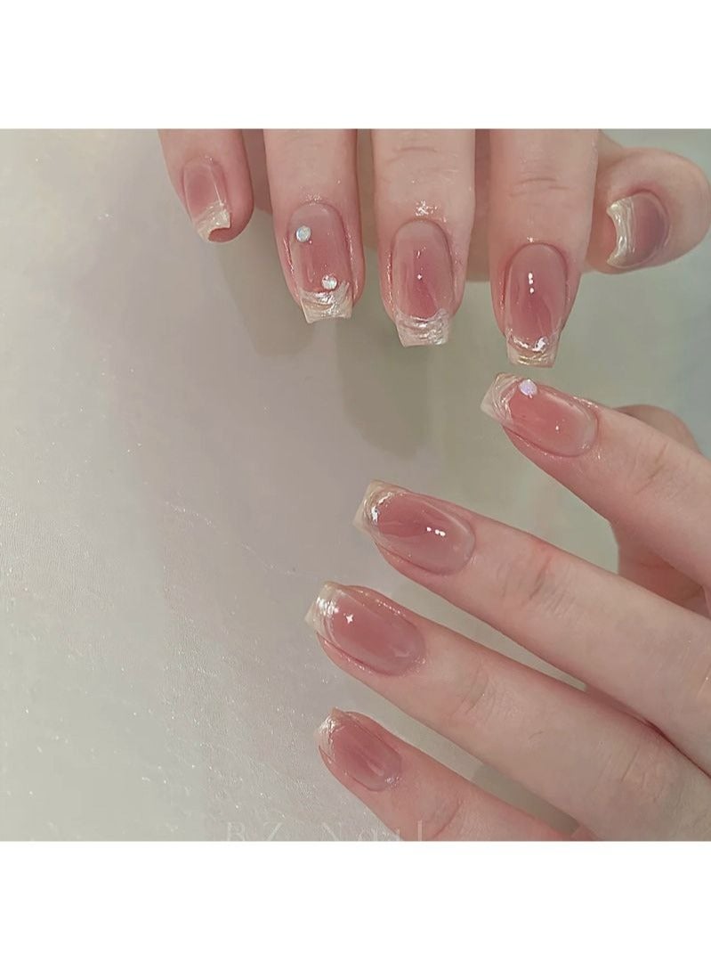 أظافر صناعية قصيرة بأطراف الأصابع الذهبية 24 قطعة - Image 2