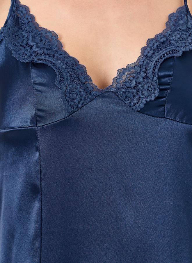 Take Two Navy Blue Satin Slip Dress with Lace Trim - Image 3