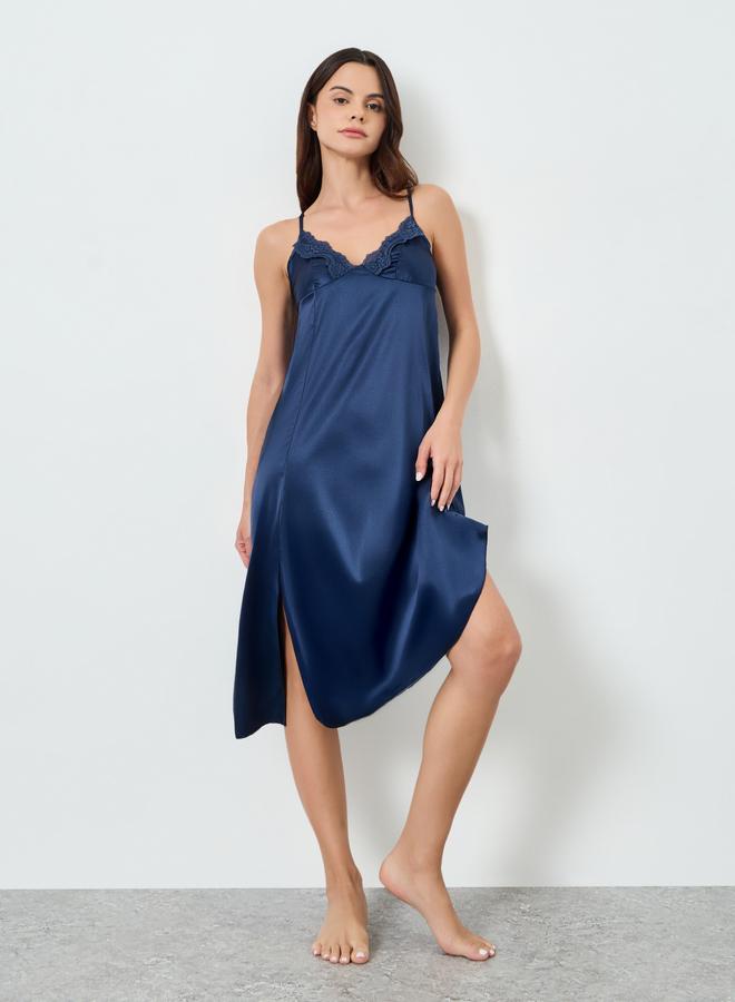 Take Two Navy Blue Satin Slip Dress with Lace Trim - Image 1