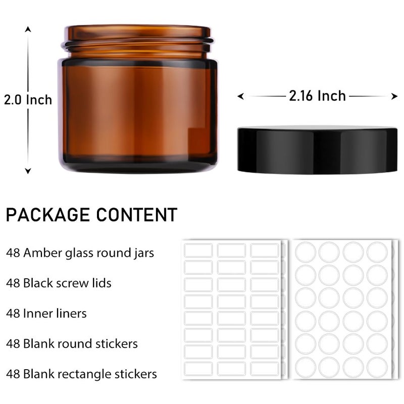 Bumobum 2 oz Glass Jars with Lids, 48 Pcs Bumobum Small Amber Glass Candle Jars with Black Lids, White Labels & Inner Liners, Empty Round Cosmetic Containers for Cream, Lotion, Slime, Ointments - Image 4