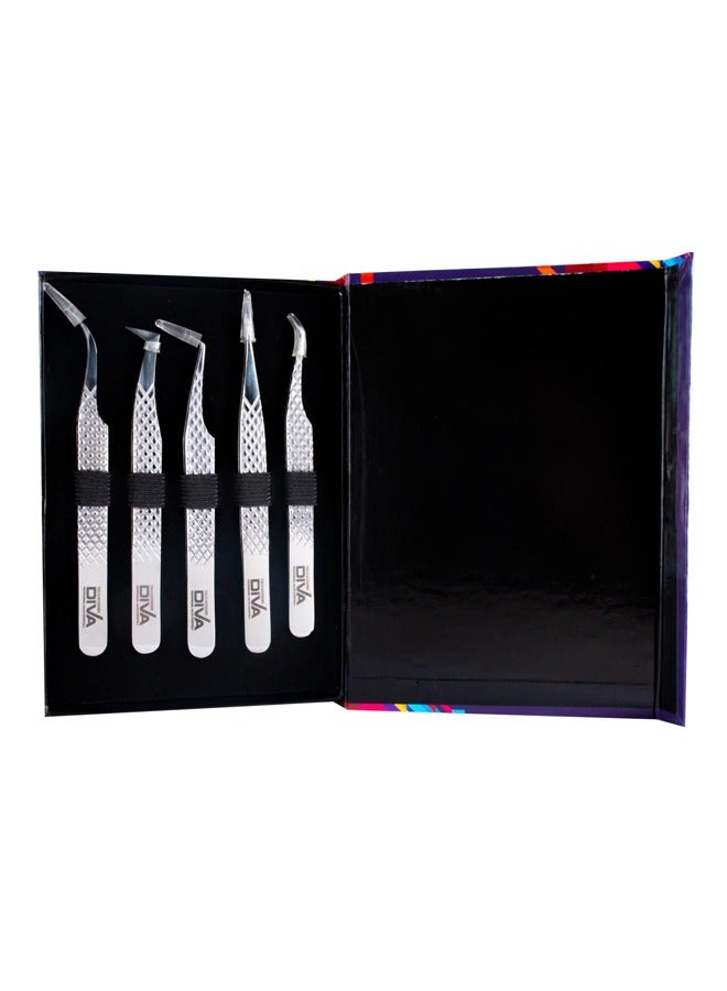 Diva Eyelash Tweezers Kit Silver | 5 Pcs Sk7003 - Image 2
