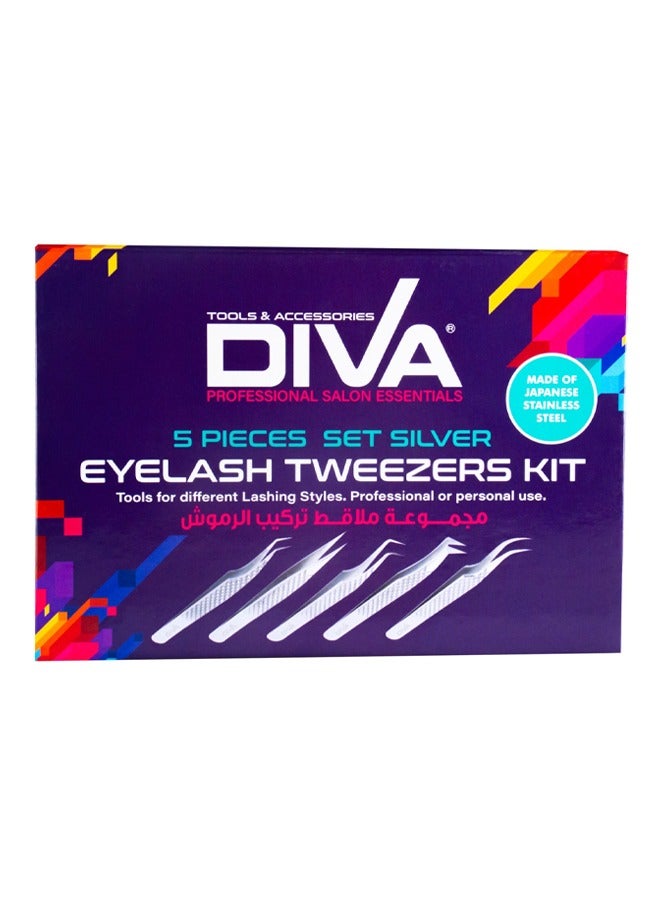 Diva Eyelash Tweezers Kit Silver | 5 Pcs Sk7003 - Image 1