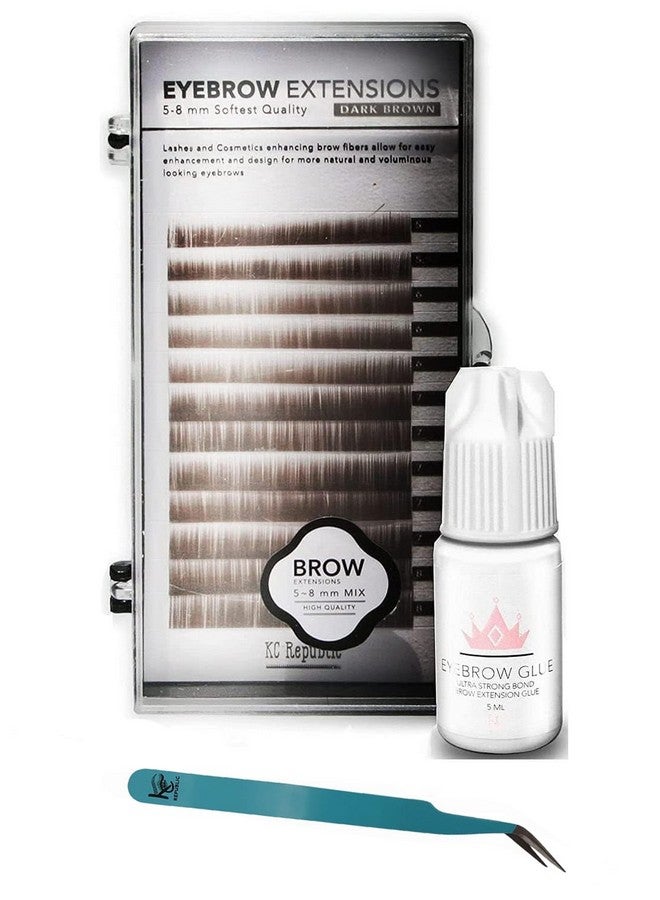 KC Republic Eyebrow Extensions Kit With 1 X Trays Of Mink Eyebrows In Dark Brown Comes On Mixed Length Trays 58 Mm Mix Eyebrow Extension Glue Clear & Extension Tweezers By Kc Republic (Dark Brown Blue Tweezer) - Image 1