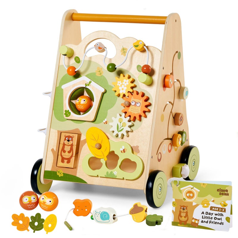 Giant bean Wooden Baby Walker with Activity Center Forest Themed Montessori Push Toy for Toddlers 13 Bead Maze Shape Sorter Gears Puzzles FineMotor Learning Speed Adjustable Wood Walker for First Steps - Image 3