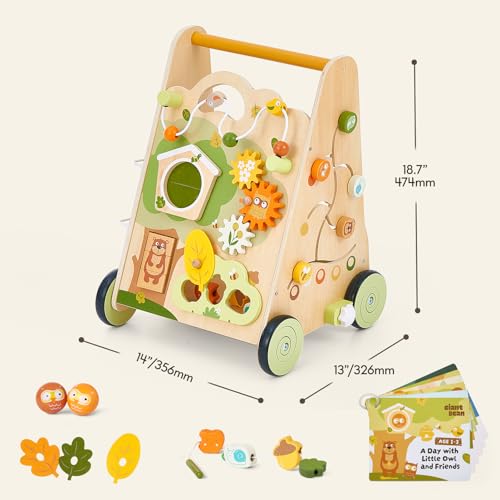 Giant bean Wooden Baby Walker with Activity Center Forest Themed Montessori Push Toy for Toddlers 13 Bead Maze Shape Sorter Gears Puzzles FineMotor Learning Speed Adjustable Wood Walker for First Steps - Image 5
