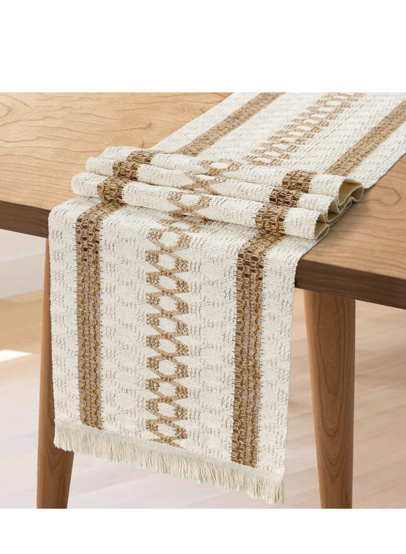 SYOSI Macrame Table Runner Boho Cotton Linen Table Runner Natural Burlap Table Runner with Tassels Bohemian Table Cloth Decoration for Wedding Party Farmhouse Dining Table Decor 12 x 71'' - Image 1