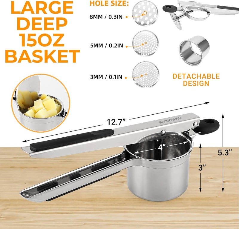 Amroicus Potato Ricer 15oz, Heavy Duty Stainless Steel Potato Masher with 3 Interchangeable Discs, Large Masher and Ricer Kitchen Tool for Mashed Potatoes, Spaetzle Noodle Maker, Potato Press - Image 5